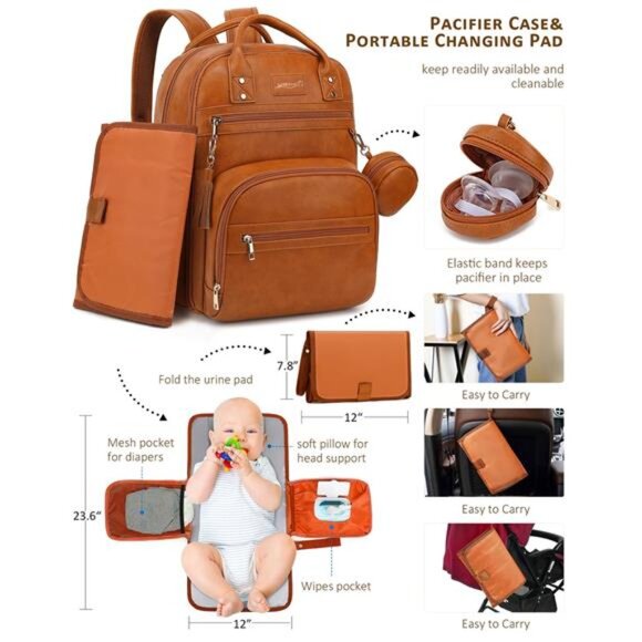 Leather Diaper Bag Backpack for Boy Girl with Changing Pad and Pacifier Case main image 6